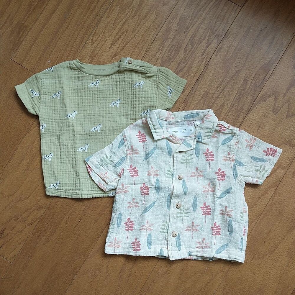 Zara Baby Boy Shirts 6-9-12Months Yellow 100% Cotton Dog Leaf Novelty Lot Of 2x